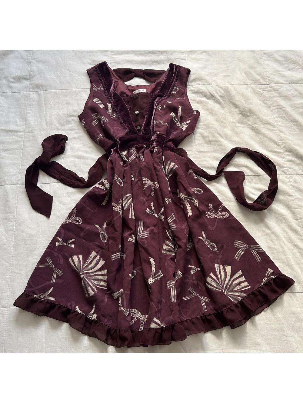 Axes Femme Ribbon Bow Print Velvet Ruffle Dress Burgundy Red Medium Japan